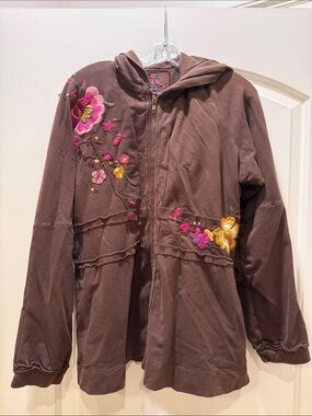 Johnny Was Brown Hooded Jacket with Pink & Yellow Floral Embroidery